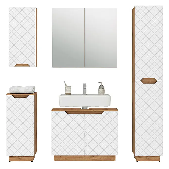Vicco Badmöbel-Set Lotta Weiß 5 Teile - Weiß, Matt - Modernes Badmöbel-Set mit weißen Rautenmuster-Fronten und Holzdetails, bestehend aus Waschtischunterschrank, Spiegelschrank und Schränken.
