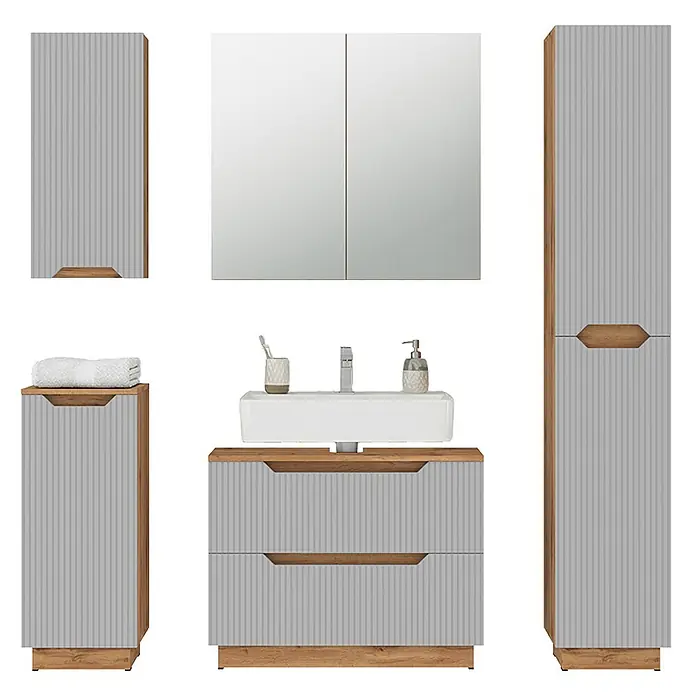 Vicco Badmöbel-Set Lotta Grau 5 Teile - Grau, Matt - Graues gerilltes Badmöbelset mit Holzdetails, bestehend aus Wandschränken, Spiegelschrank, Waschtisch mit Waschbecken und Unterschränken.