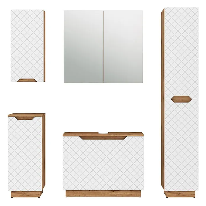 Vicco Badmöbel-Set Lotta Weiß 5 Teile - Weiß, Matt - Modernes Badmöbelset mit weißen Rautenmustern und hellen Holzdetails, inkl. Schränken, Spiegel und Waschtisch.