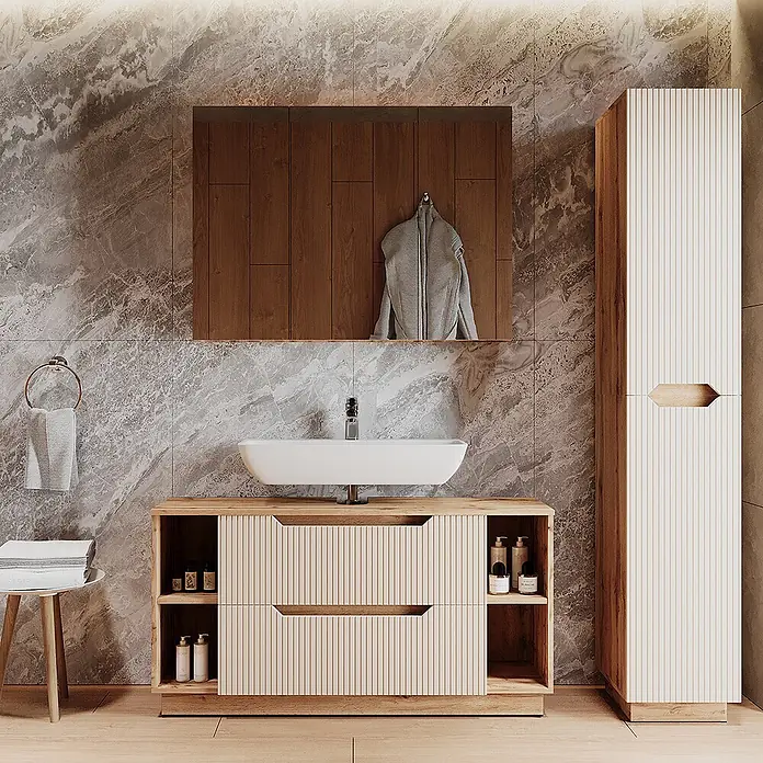 Vicco Badmöbel-Set Lotta Cashmere 3 Teile - Cashmere, Matt - Moderne Holz-Badezimmereinrichtung mit weißem Aufsatzwaschbecken und passendem Hochschrank.