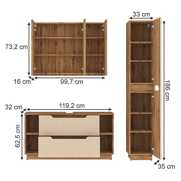 Vicco Badmöbel-Set Lotta Cashmere 3 Teile - Cashmere, Matt - Drei modulare Möbelstücke in Holzoptik: ein Wandregal, ein TV-Schrank mit Schubladen und ein hoher Schrank. Braun mit hell geriffelten Akzenten.