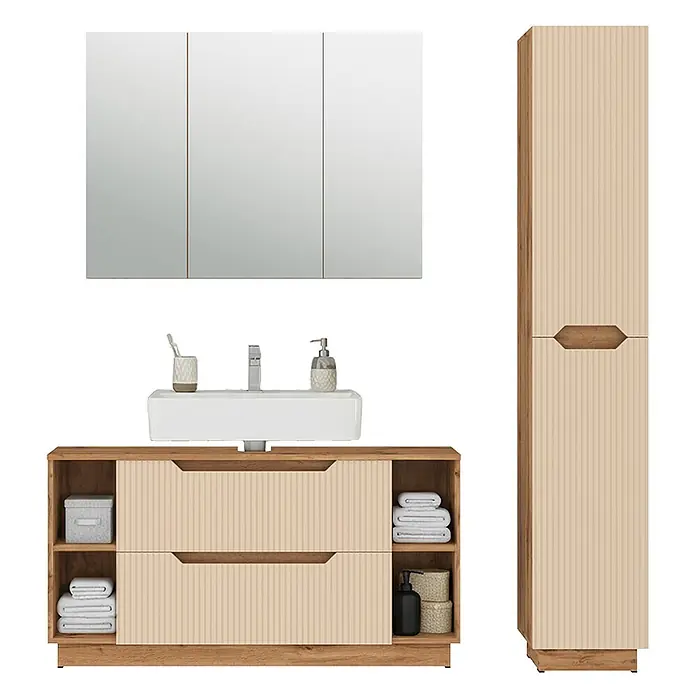 Vicco Badmöbel-Set Lotta Cashmere 3 Teile - Cashmere, Matt - Modernes Badmöbel-Set aus hellem Holz mit geriffelten beigen Fronten, Spüle, Spiegelschrank und hohem Hochschrank.