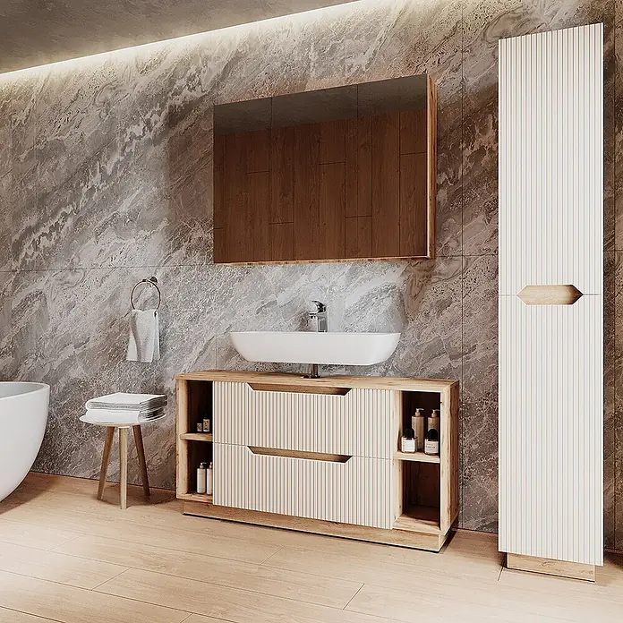 Vicco Badmöbel-Set Lotta Cashmere 3 Teile - Cashmere, Matt - Moderner Waschtisch aus hellem Holz mit Lamellenschubladen und Waschbecken, ergänzt durch einen passenden Hochschrank.