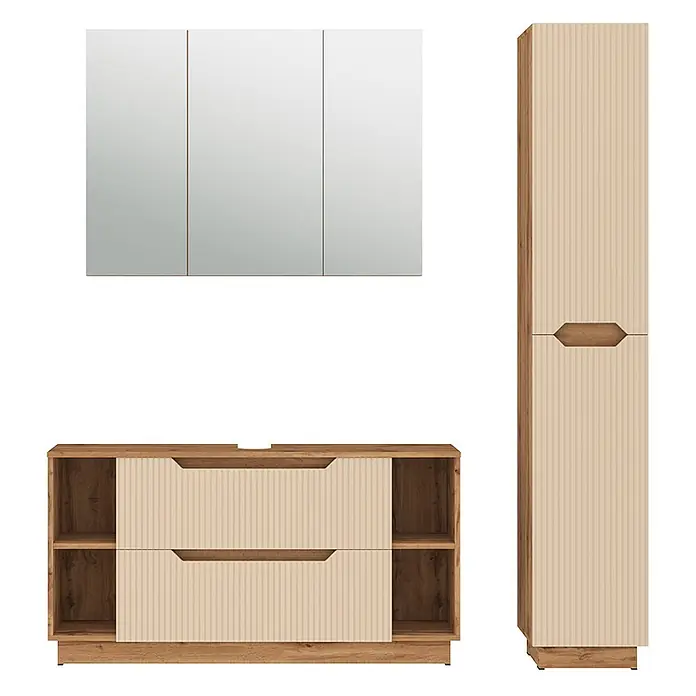 Vicco Badmöbel-Set Lotta Cashmere 3 Teile - Cashmere, Matt - Badezimmermöbel-Set in Holzoptik mit gerippten beigen Fronten: Waschtisch mit Schubladen, Hochschrank und dreitüriger Spiegelschrank.
