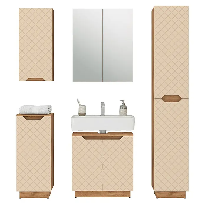 Vicco Badmöbel-Set Lotta Cashmere 5 Teile - Cashmere, Matt - Helle beige Badmöbelgarnitur mit Rautenmuster und Holzapplikationen, inkl. Waschbecken, Spiegelschrank und Stauraum.