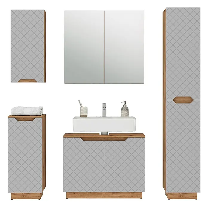 Vicco Badmöbel-Set Lotta Grau 5 Teile - Grau, Matt - Helles graues Badmöbelset mit geometrischem Muster und Holzapplikationen, inkl. Waschbecken, Spiegel, Schränke.