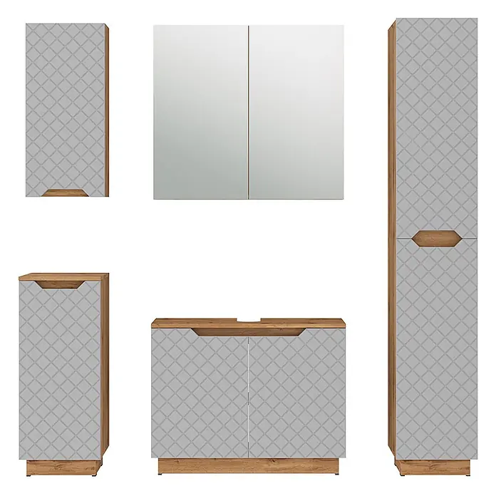 Vicco Badmöbel-Set Lotta Grau 5 Teile - Grau, Matt - Modernes Badmöbel-Set in Hellgrau mit geometrischem Muster und Holzdekor-Akzenten.