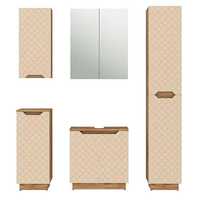 Vicco Badmöbel-Set Lotta Cashmere 5 Teile - Cashmere, Matt - Badmöbel-Set: helle Schränke mit Rautenmuster, Holzdetails, inkl. Spiegelschrank, Wand-, Hoch-, Boden- und Waschtischunterschrank.