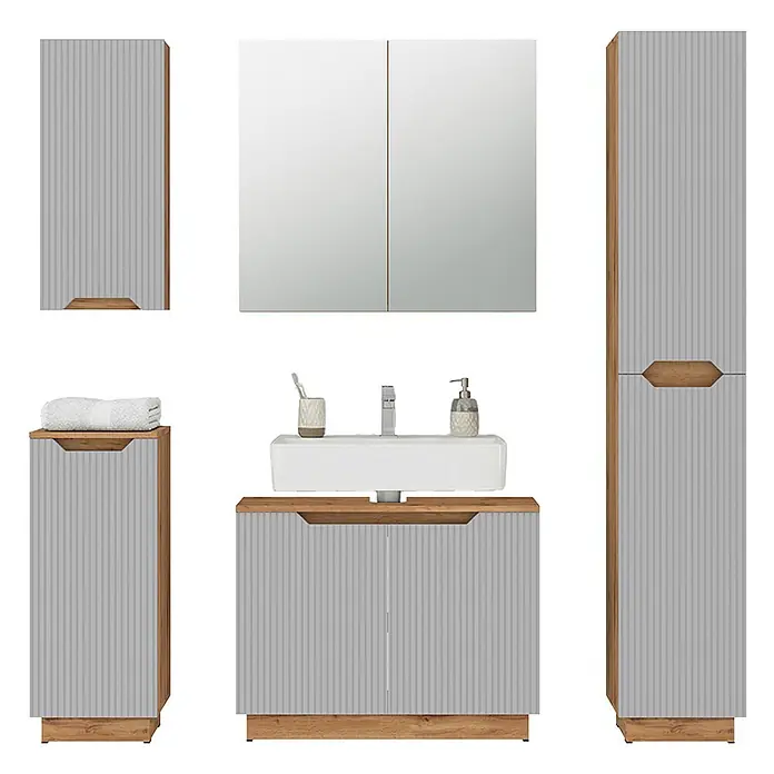 Vicco Badmöbel-Set Lotta Grau 5 Stück - Grau, Matt - Komplettes Badmöbel-Set mit hellgrauen geriffelten Fronten und Holz-Akzenten, inkl. Waschtisch, Spiegelschrank und Stauraummöbeln.