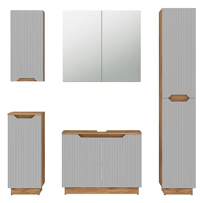 Vicco Badmöbel-Set Lotta Grau 5 Stück - Grau, Matt - Badezimmermöbel-Set: hellgraue gerillte Fronten, braune Holzoptik-Rahmen, integrierte Griffe. Enthält Spiegel-, Waschtisch-, Hoch-, Wand- und Seitenschrank.
