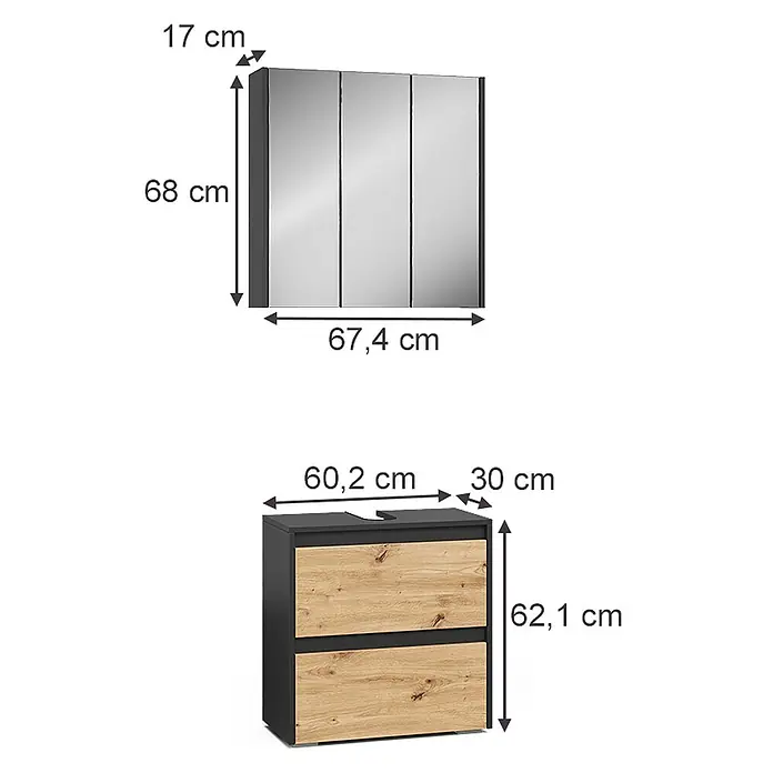 Vicco Badmöbel-Set Majest Artisan 2 Teile - Artisan-Eiche, Matt - Schwarzer Badschrank mit Spiegeltüren (67,4x68x17cm) und Waschtischunterschrank mit Holzschubladen (60,2x62,1x30cm).