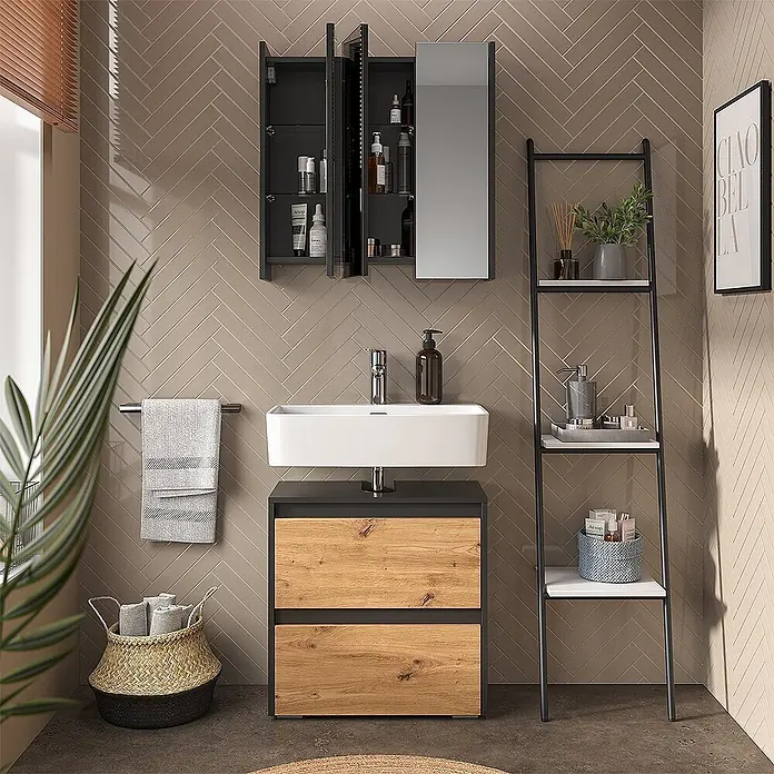 Vicco Badmöbel-Set Majest Artisan 2 Teile - Artisan-Eiche, Matt - Moderner Badunterschrank mit weißem Becken, Holzschubladen und dunkelgrauem Spiegelschrank.