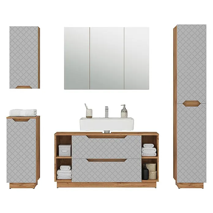 Vicco Badmöbel-Set Lotta Grau 5 Teile - Grau, Matt - Eine Badezimmermöbelgarnitur aus hellem Holz und gemustertem Grau mit Waschtisch, Waschbecken, Spiegelschrank und Aufbewahrungseinheiten.