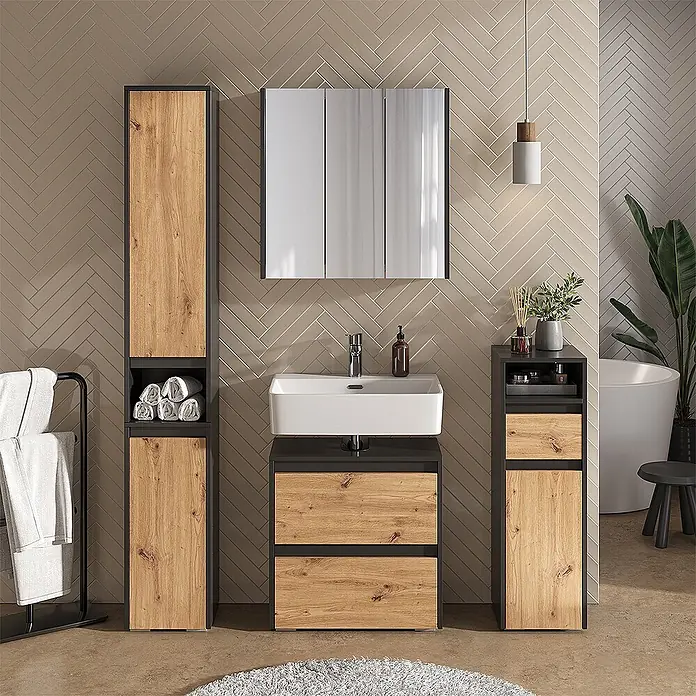 Vicco Badmöbel-Set Majest Artisan 2 Teile - Artisan-Eiche, Matt - Modernes Badmöbelset mit Fronten aus Naturholz und dunklen Rahmen, bestehend aus Waschtisch, Hochschrank und Unterschrank.