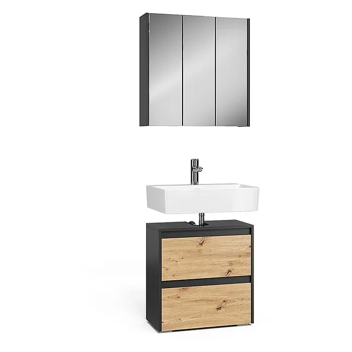 Vicco Badmöbel-Set Majest Artisan 2 Teile - Artisan-Eiche, Matt - Modernes Badmöbel-Set: Spiegelschrank mit 3 Türen, weißes Rechteckwaschbecken und anthrazitfarbener Unterschrank mit zwei hellen Holzschubladen.