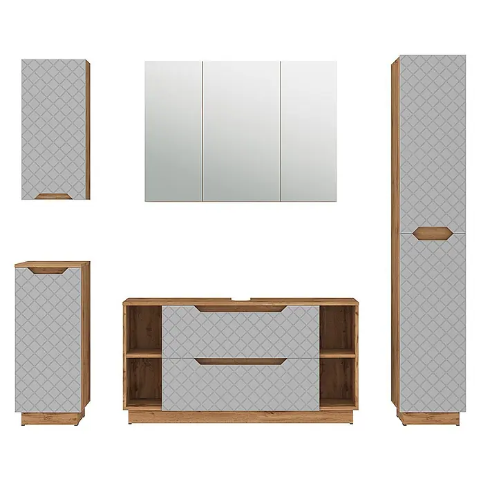 Vicco Badmöbel-Set Lotta Grau 5 Teile - Grau, Matt - Badezimmermöbel-Set: hellgraue gemusterte Fronten, hellbraune Holzoptik-Rahmen. Mit Spiegelschrank, Waschtisch und Stauraummöbeln.