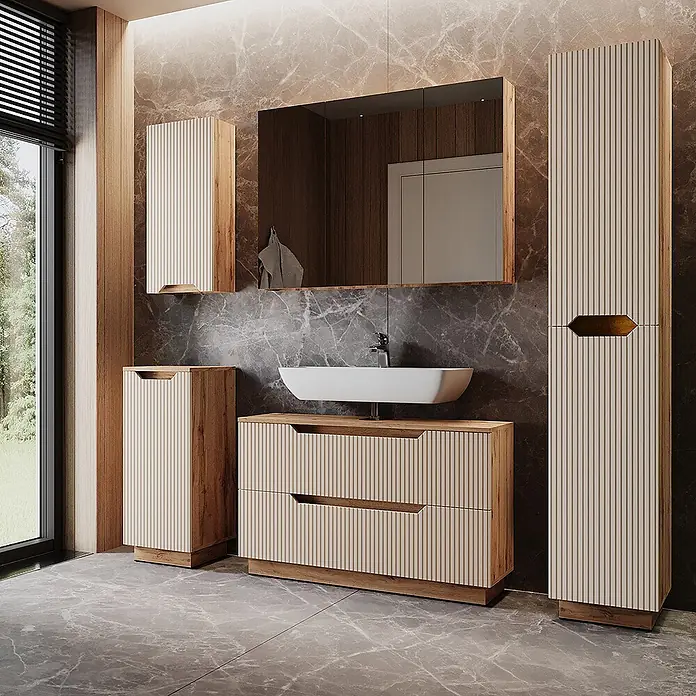 Vicco Badmöbel-Set Lotta Cashmere 5 Teile - Cashmere, Matt - Modernes Badmöbelset aus hellem Holz mit geriffelten weißen Streifen, inklusive Waschtisch, Waschbecken und Schränken, in einem Badezimmer.