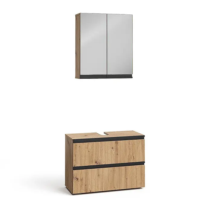 Vicco Badmöbel-Set Torren Artisan 2 Teile - Artisan-Eiche, Matt - Badmöbel-Set: Spiegelschrank und Waschtischunterschrank aus hellem Holz mit schwarzen Akzenten, mit zwei Schubladen.