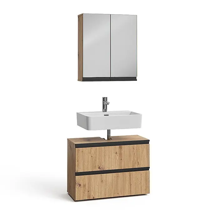 Vicco Badmöbel-Set Torren Artisan 2 Teile - Artisan-Eiche, Matt - Badezimmer-Waschtischset mit Holzmaserungsschrank, weißem rechteckigem Waschbecken, Chromarmatur und einem Spiegelschrank darüber.