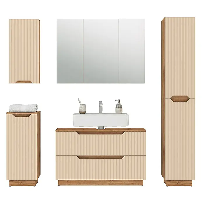 Vicco Badmöbel-Set Lotta Cashmere 5 Teile - Cashmere, Matt - Beigefarbenes Badmöbel-Set mit Rillenstruktur und Holzdetails, bestehend aus Waschtischunterschrank, Hochschränken und Wandschrank.