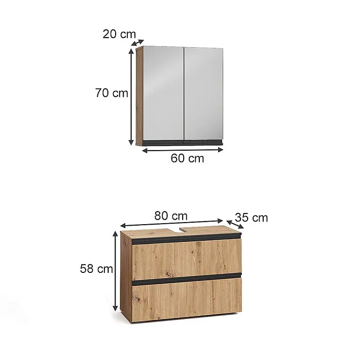 Vicco Badmöbel-Set Torren Artisan 2 Teile - Artisan-Eiche, Matt - Zwei hellbraune Badschränke mit schwarzen Akzenten und Maßen: ein Spiegelschrank und ein Waschtischunterschrank mit Schubladen und einer Aussparung für ein Waschbecken.
