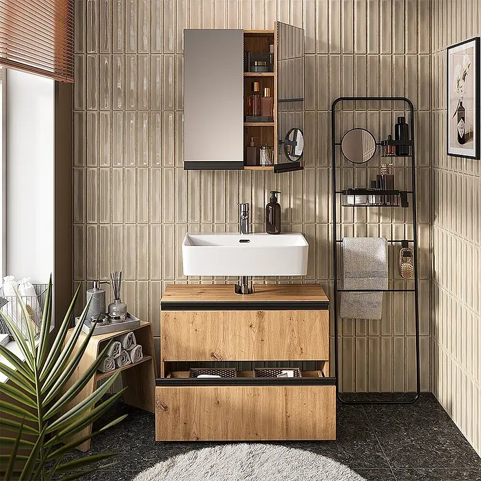 Vicco Badmöbel-Set Torren Artisan 2 Teile - Artisan-Eiche, Matt - Modernes Badezimmermöbel-Set aus Holz mit integriertem Waschbecken und Spiegelschrank in stilvollem Badambiente.