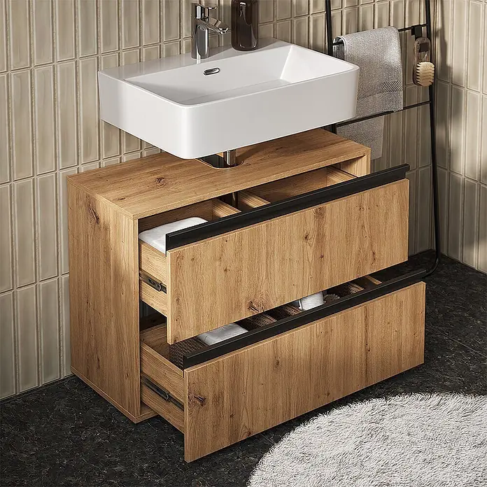 Vicco Badmöbel-Set Torren Artisan 2 Teile - Artisan-Eiche, Matt - Rustikaler Holz-Badezimmerschrank mit weißem Keramikwaschbecken und zwei offenen Schubladen zur Aufbewahrung.
