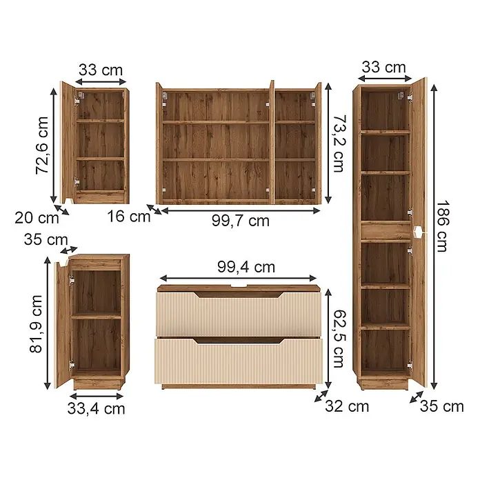 Vicco Badmöbel-Set Lotta Cashmere 5 Teile - Cashmere, Matt - Modulare Möbel aus Holzoptik mit beigen gerippten Schubladenfronten, verschiedene Schränke und Regale mit Maßen.