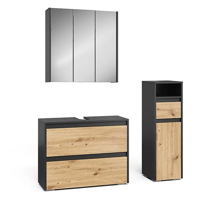 Vicco Badmöbel-Set Majest Artisan 3 Teile - Artisan-Eiche, Matt - Modernes anthrazitfarbenes und eichefarbenes Badmöbel-Set mit Spiegelschrank, Waschtischunterschrank und Hochschrank.