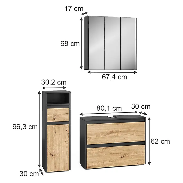 Vicco Badmöbel-Set Majest Artisan 3 Teile - Artisan-Eiche, Matt - Badmöbelset in Dunkelgrau und hellem Holz mit Spiegelschrank, Hochschrank und Waschtischunterschrank.