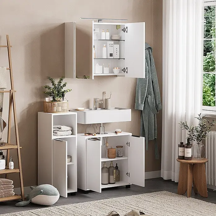 Vicco Badmöbel-Set Alina Weiß 3 Teile - Weiß, Sonstiges - Weißes Badmöbel-Set mit Spiegelschrank, Waschbecken und Unterschränken in einem modernen Badezimmer.