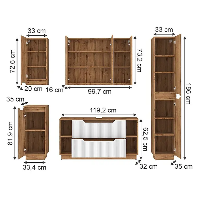 Vicco Badmöbel-Set Lotta Weiß 5 Teile - Weiß, Matt - Modulares braunes Holz-Regalsystem mit Fächern und weißen Schubladen, bemaßt.