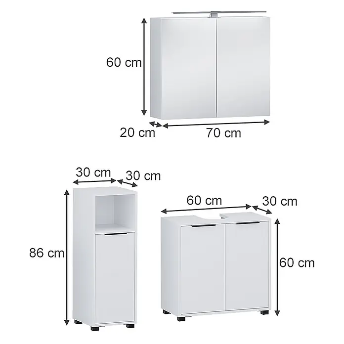 Vicco Badmöbel-Set Alina Weiß 3 Teile - Weiß, Sonstiges - Weißes Badmöbelset: Wandschrank, Hochschrank und Waschtischunterschrank, mit Maßen dargestellt.