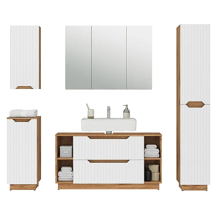 Vicco Badmöbel-Set Lotta Weiß 5 Teile - Weiß, Matt - Komplettes Badezimmermöbelset in hellem Holz und weißen, vertikal gerillten Platten, mit Waschtisch, Spiegelschrank und Stauraumschränken.