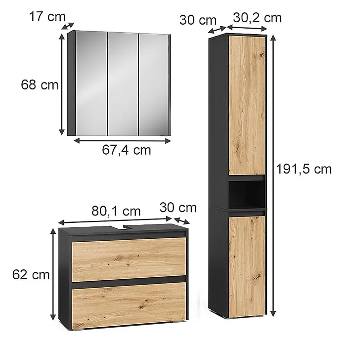 Vicco Badmöbel-Set Majest Artisan 3 Teile - Artisan-Eiche, Matt - Modernes Badmöbel-Set: Spiegelschrank, Waschtischunterschrank und Hochschrank in Schwarz mit heller Holzoptik.