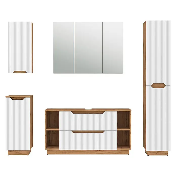 Vicco Badmöbel-Set Lotta Weiß 5 Teile - Weiß, Matt - Badmöbelset mit weißen gerippten Fronten und Holzoptikrahmen, inklusive Waschtisch, Schränken und Spiegelschrank.