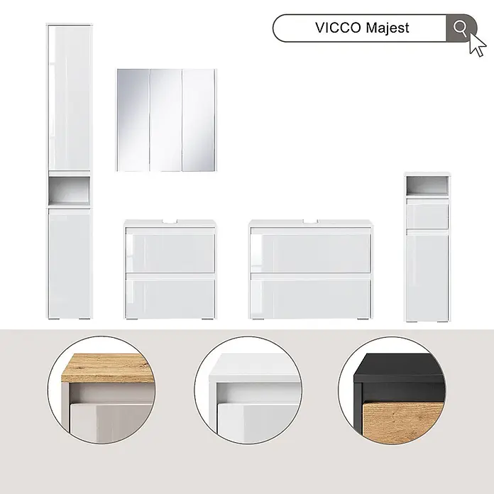 Vicco Badmöbel-Set Majest Artisan 3 Teile - Artisan-Eiche, Matt - Modernes, glänzend weißes, modulares Badmöbelset mit Schränken, Waschtischunterschränken und Spiegelschrank, mit optionalen Holz-/Schwarzakzenten.