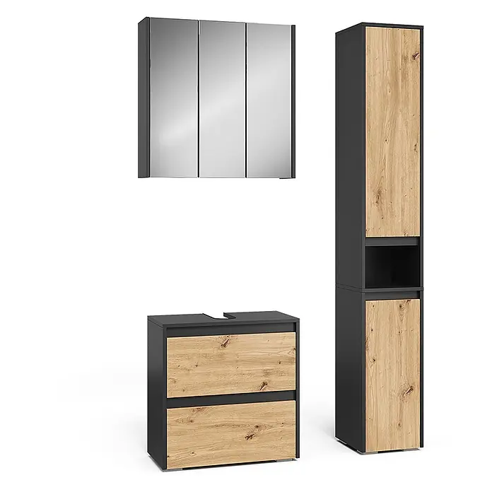 Vicco Badmöbel-Set Majest Artisan 3 Teile - Artisan-Eiche, Matt - Dunkelgraue Badmöbelgarnitur mit hellen Holzfronten, bestehend aus Spiegelschrank, Waschtischunterschrank und Hochschrank.