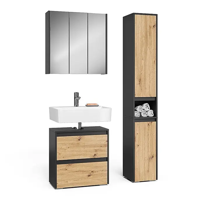 Vicco Badmöbel-Set Majest Artisan 3 Teile - Artisan-Eiche, Matt - Modernes Badmöbel-Set in Dunkelgrau und hellem Holz, bestehend aus Spiegelschrank, Waschtisch mit weißem Becken und hohem Hochschrank.