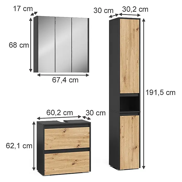 Vicco Badmöbel-Set Majest Artisan 3 Teile - Artisan-Eiche, Matt - Badmöbel-Set: schwarzer Spiegelschrank, Waschtischunterschrank mit Schubladen und Hochschrank mit hellen Holzfronten.