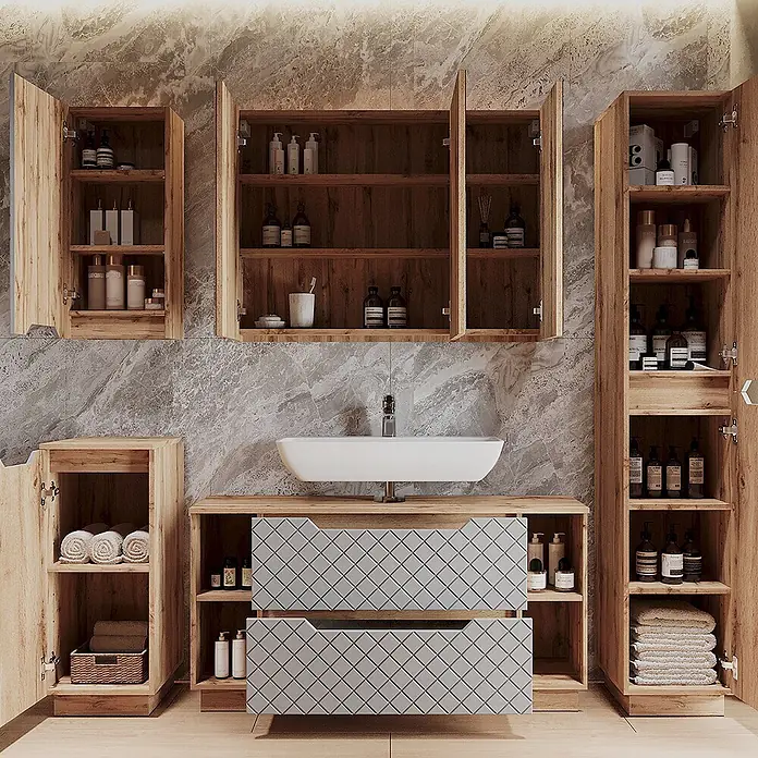 Vicco Badmöbel-Set Lotta Grau 3 Teile - Grau, Matt - Helles Holz-Badezimmerset mit weißem Waschbecken, gemusterten grauen Schubladen und mehreren Aufbewahrungsschränken.