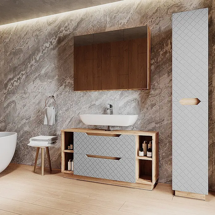 Vicco Badmöbel-Set Lotta Grau 3 Teile - Grau, Matt - Moderner Badwaschtisch mit weißem Waschbecken und grauen rautenförmigen Schubladen, dazu passender Hochschrank in Holz- und Grauoptik.