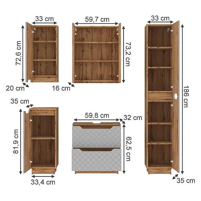 Vicco Badmöbel-Set Lotta Grau 5 Teile - Grau, Matt - Modulare Holzschränke und Regale in Holzoptik mit weiß/grauen Elementen, mit Maßen dargestellt.