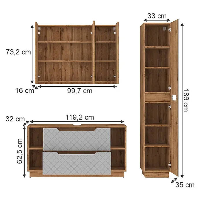 Vicco Badmöbel-Set Lotta Grau 3 Teile - Grau, Matt - Set aus drei hellen Holzmöbelstücken: ein Wandregal, ein TV-Schrank mit gemusterten Schubladen und ein hoher Schrank, alle mit Maßen.