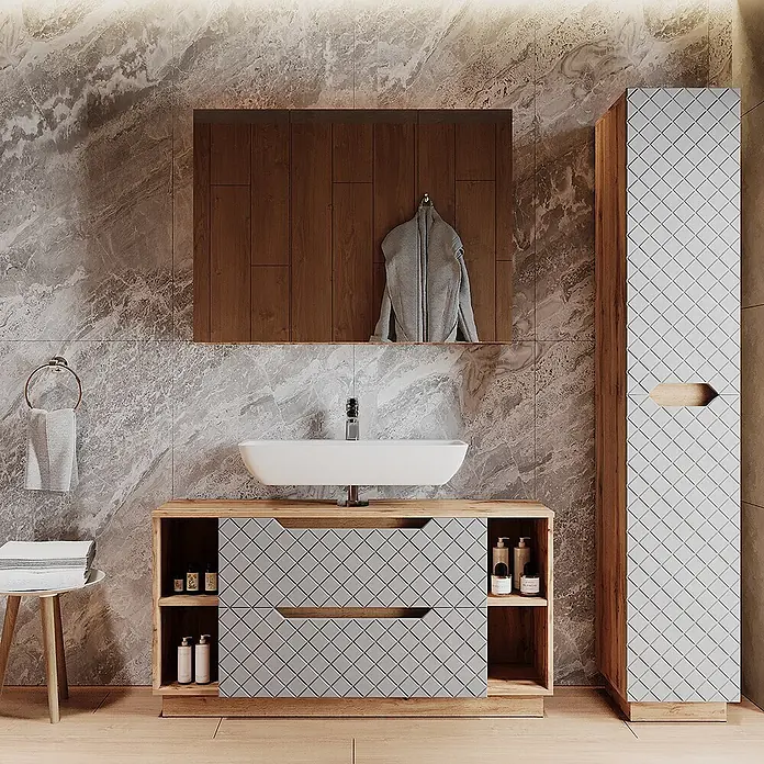 Vicco Badmöbel-Set Lotta Grau 3 Teile - Grau, Matt - Moderner Badezimmerschrank mit grauen Rautenmusterschubladen, hellem Holzrahmen und passendem Hochschrank.