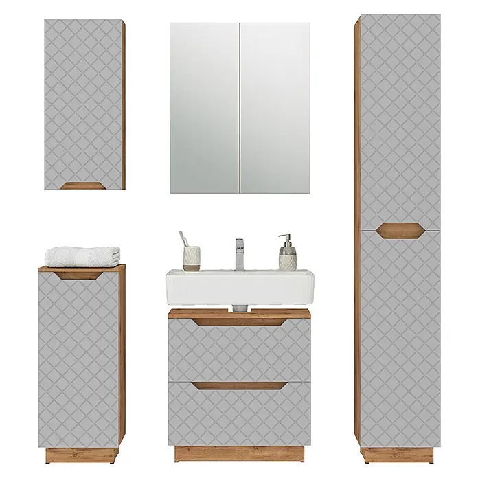 Vicco Badmöbel-Set Lotta Grau 5 Teile - Grau, Matt - Modernes hellgraues Badmöbel-Set mit geometrischem Muster und Holzapplikationen, inkl. Waschtisch, Spiegel- und Hochschränken.