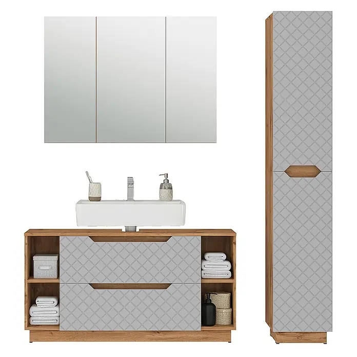 Vicco Badmöbel-Set Lotta Grau 3 Teile - Grau, Matt - Modernes Badmöbel-Set mit Holz-Optik-Rahmen, grau gemustertem Waschbeckenunterschrank, Spiegelschrank und Hochschrank.