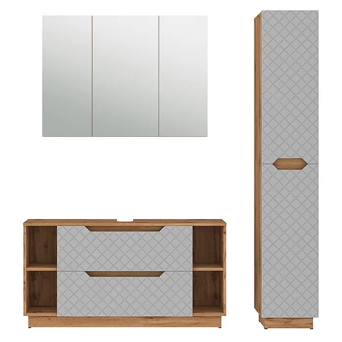 Vicco Badmöbel-Set Lotta Grau 3 Teile - Grau, Matt - Modernes Badmöbel-Set mit Holzoptikrahmen und hellgrauen Fronten mit geometrischem Muster, bestehend aus Spiegelschrank, Waschtischunterschrank und Hochschrank.