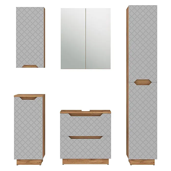 Vicco Badmöbel-Set Lotta Grau 5 Teile - Grau, Matt - Badezimmermöbel-Set mit grauen gemusterten Fronten, Holzdetails und Spiegelschrank.