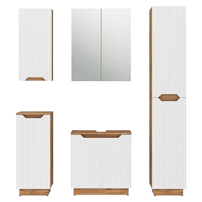 Vicco Badmöbel-Set Lotta Weiß 5 Teile - Weiß, Matt - Modernes Badmöbelset mit weißen gerippten Fronten und hellen Holzdetails, inklusive Waschtisch-, Wand- und Hochschränken.